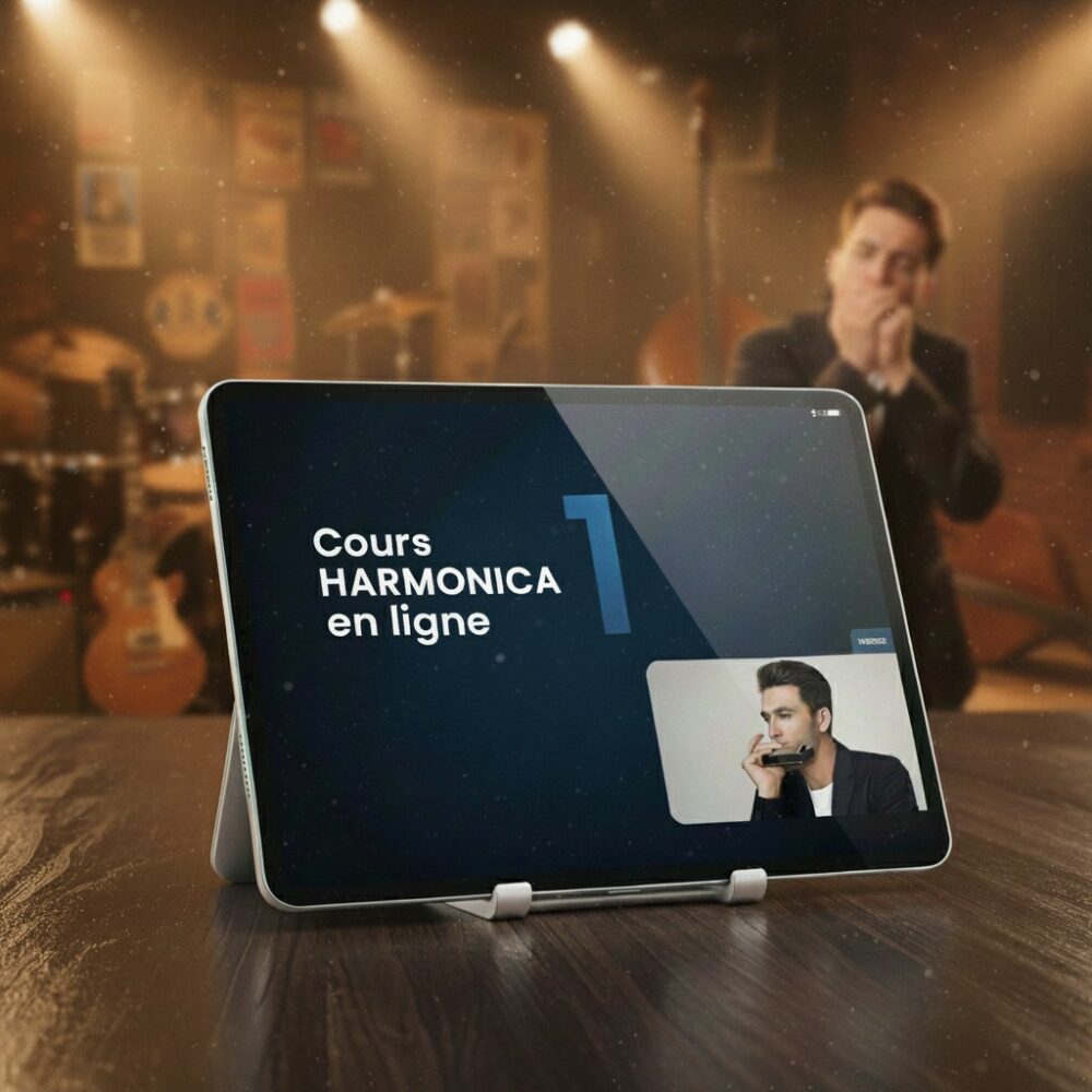 Image d'un professeur et d'un élève lors d'une session d'un cours d'harmonica en ligne (visio) de 45 minutes.