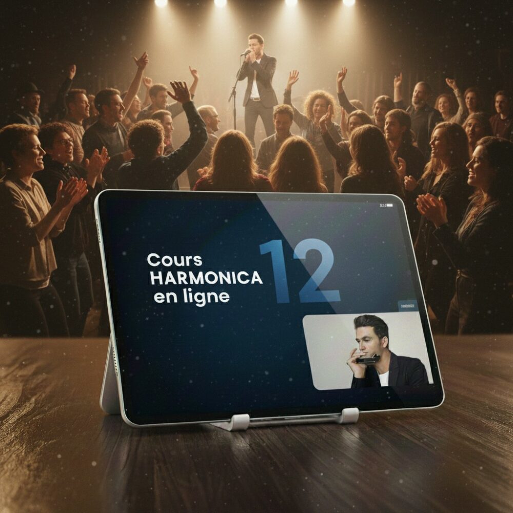 Image d'une tablette affichant "Cours harmonica en ligne 12" avec la photo d'un élève jouant de l'harmonica. En arrière-plan, sur une table en bois, un harmoniciste joue dans une salle de concert à l'éclairage chaleureux.