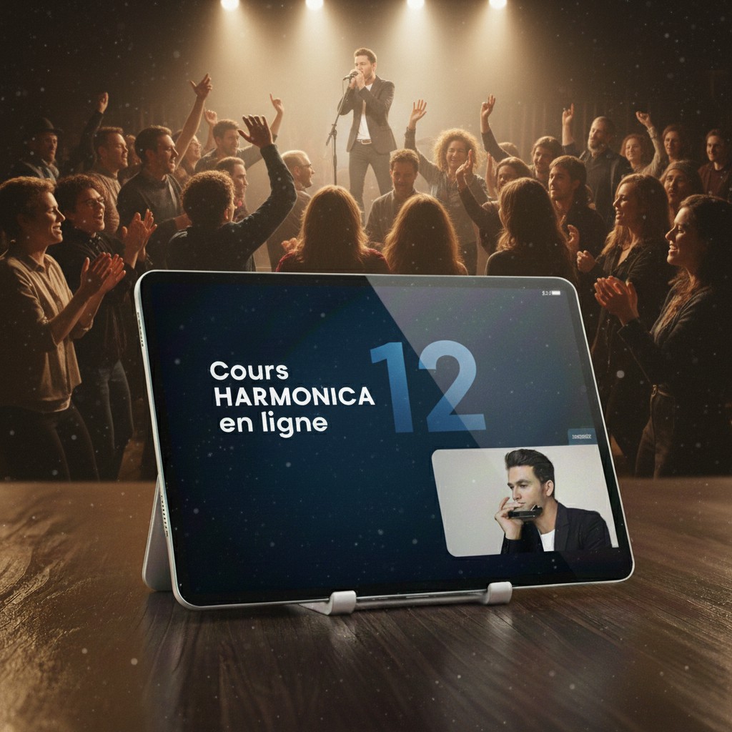 Image d'une tablette affichant "Cours harmonica en ligne 12" avec la photo d'un élève jouant de l'harmonica. En arrière-plan, sur une table en bois, un harmoniciste joue dans une salle de concert à l'éclairage chaleureux.