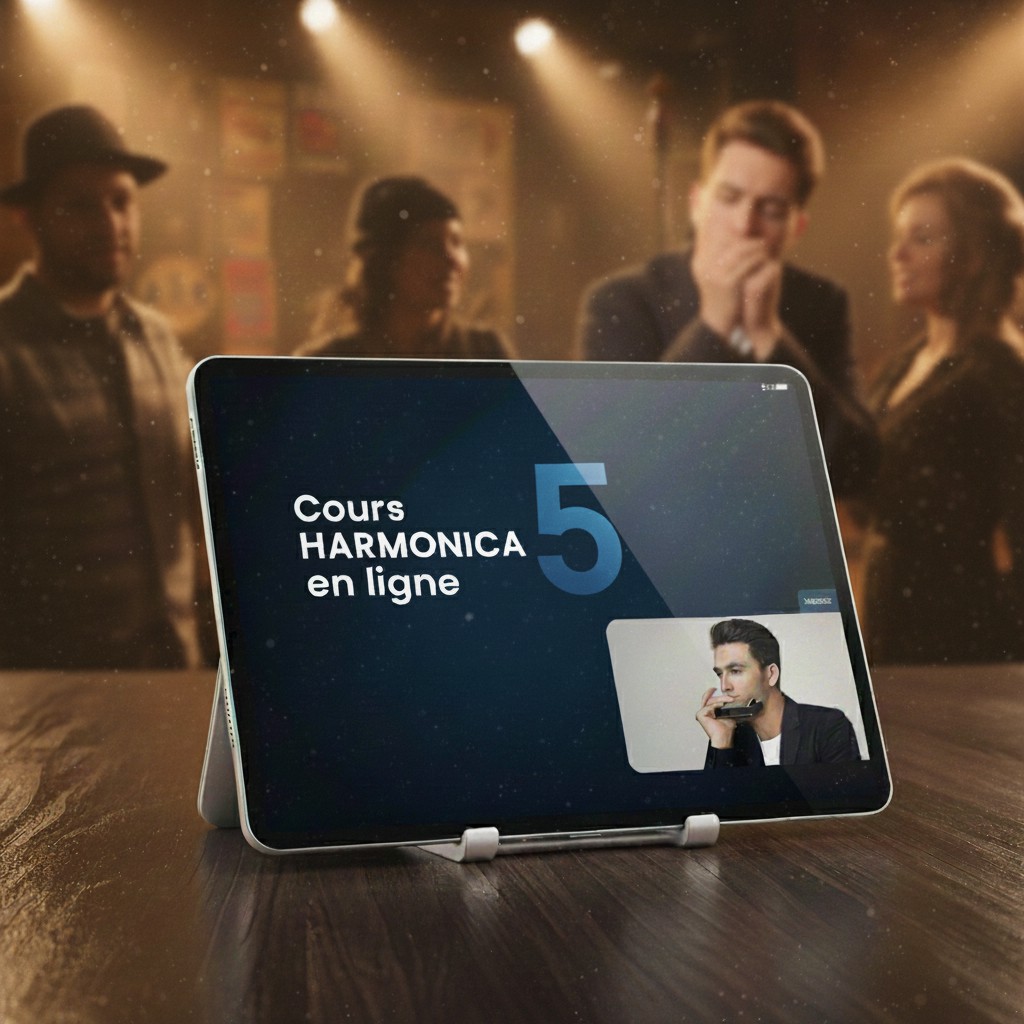 Image d'une tablette affichant "Cours harmonica en ligne 5" avec la photo d'un élève jouant de l'harmonica. En arrière-plan, derrière une table en bois, un harmoniciste joue dans une salle de concert à l'éclairage chaleureux.
