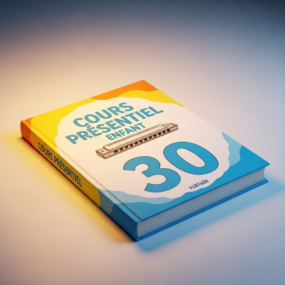Image d'un livre coloré avec marqué "Cours présentiel enfant 30" et un dessin d'harmonica. Couleurs jaune, rouge et bleu.