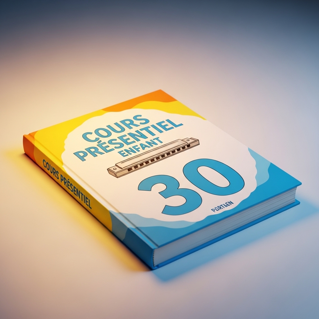 Image d'un livre coloré avec marqué "Cours présentiel enfant 30" et un dessin d'harmonica. Couleurs jaune, rouge et bleu.