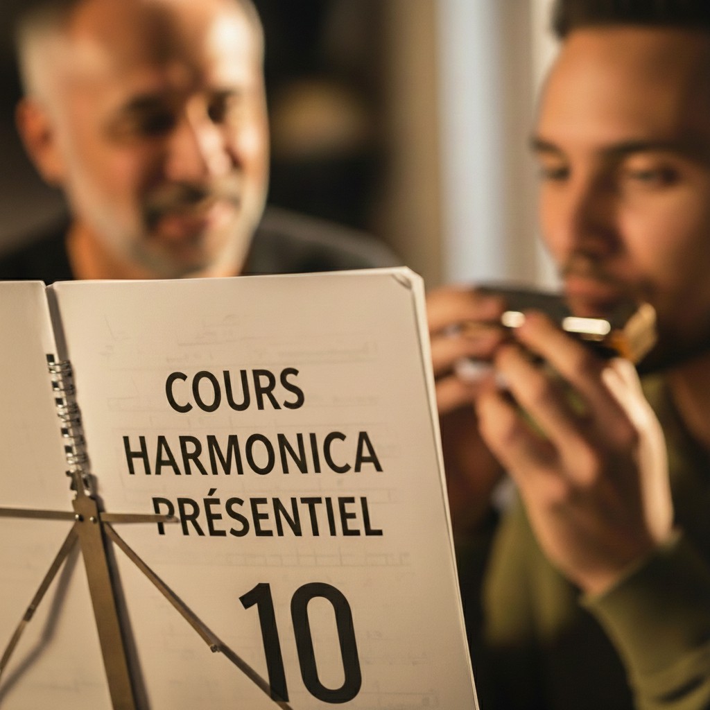 Image d'un professeur et d'un élève lors d'une session de 10 cours d'harmonica en présentiel au studio de musique à Orgerus, Yvelines, France.