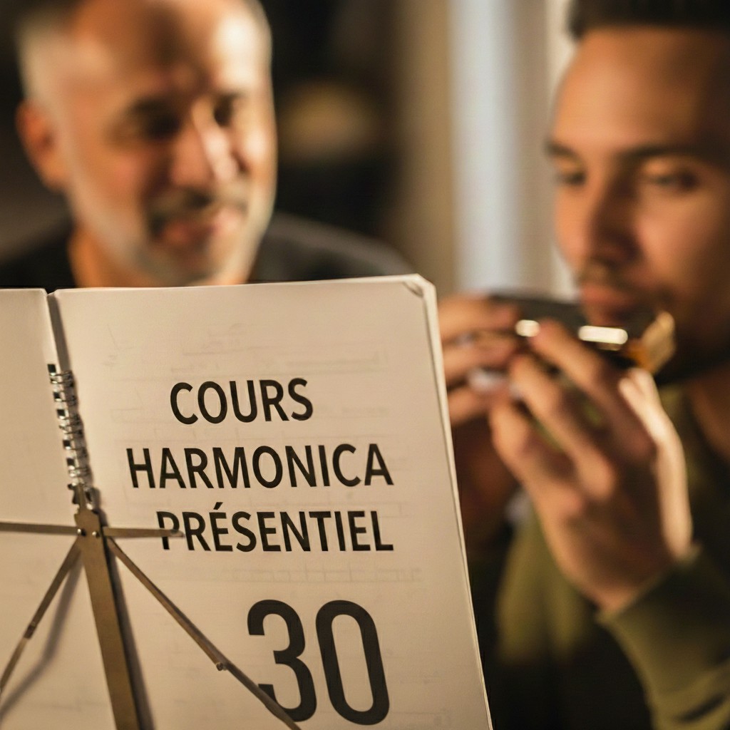 Image d'un professeur et d'un élève lors d'une session de 30 cours d'harmonica en présentiel au studio de musique à Orgerus, Yvelines, France.