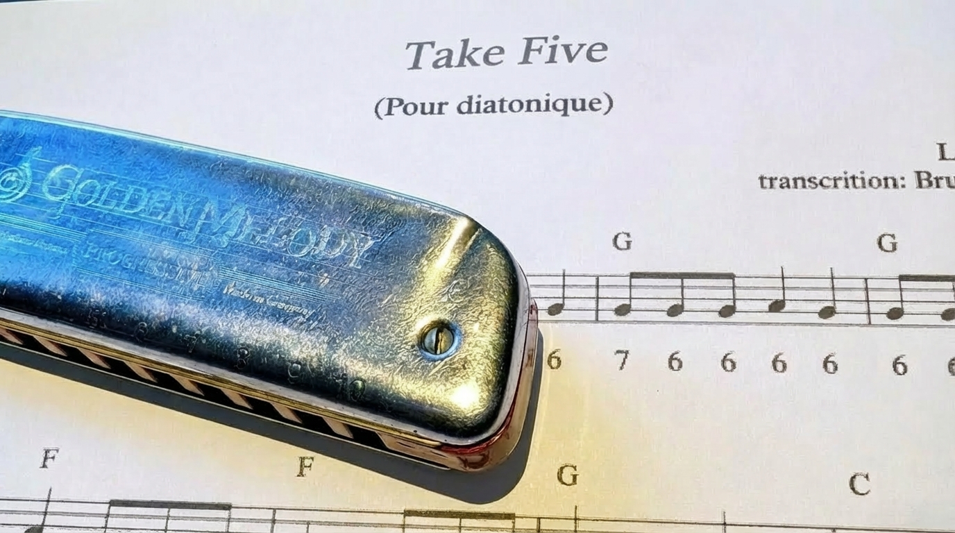 "Partition de Take Five pour harmonica diatonique avec un harmonica posé dessus"