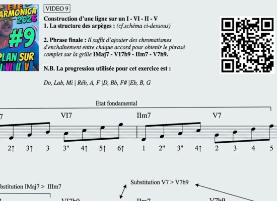 Aperçu de l'exercice 9 Été Harmonica 2026 : miniature vidéo avec QR code et début de la partition avec tablature d'harmonica.