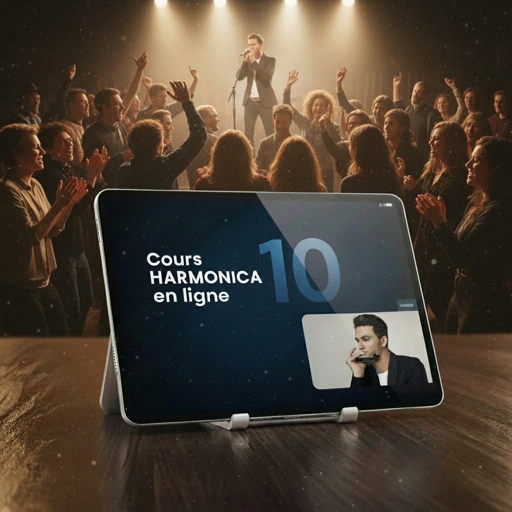 Image d'une tablette affichant "Cours harmonica en ligne 10" avec la photo d'un élève jouant de l'harmonica. En arrière-plan, sur une table en bois, un harmoniciste joue dans une salle de concert à l'éclairage chaleureux.