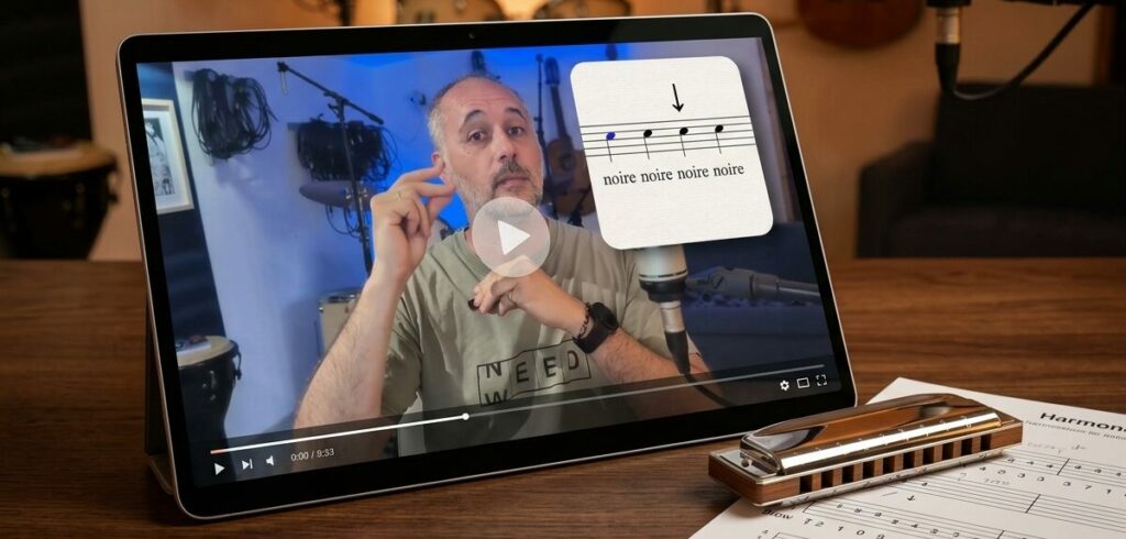 Aperçu du pack de cours gratuit d'harmonica pour débutant avec vidéos, fiches explicatives et harmonica sur table de studio.